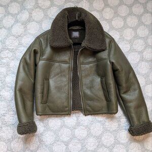 Olive Green Faux Leather Bomber Jacket Size L